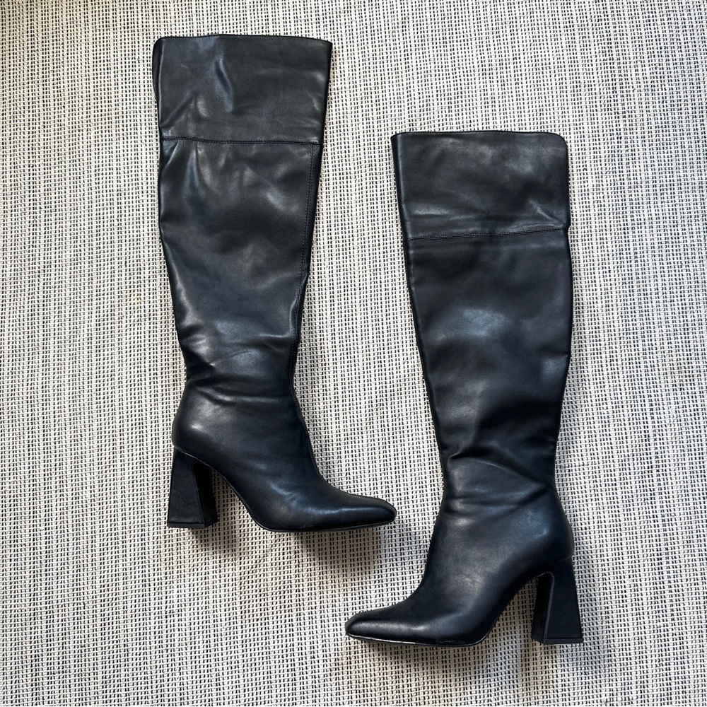 Womens Size 41 Trendy Faux Leather Knee High Square Toe Heels